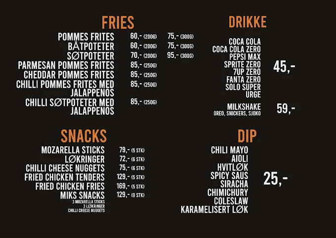 American Burgers — fries, snacks, drinks and dip menu